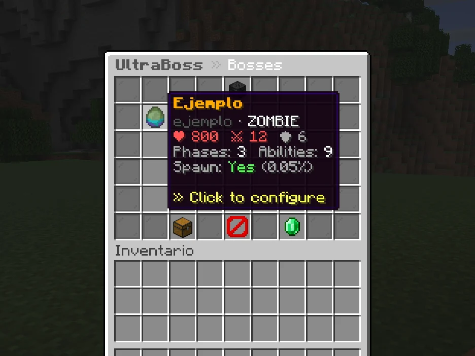 The /ub menu with the boss list and the tooltip of the boss Ejemplo
