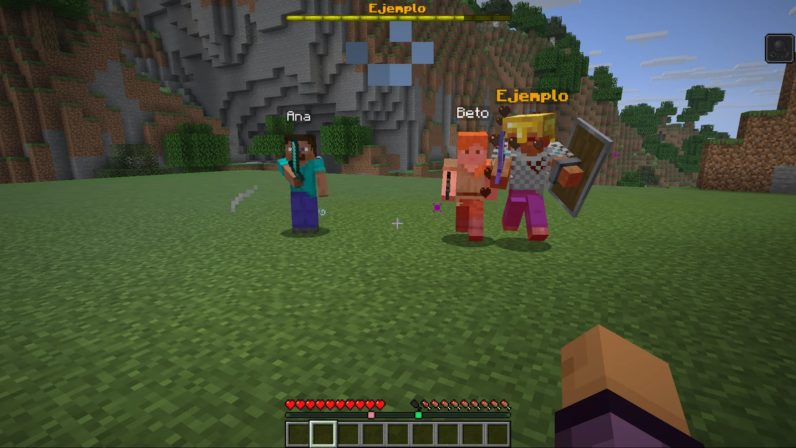 Two players fighting the boss Ejemplo, with its boss bar at the top