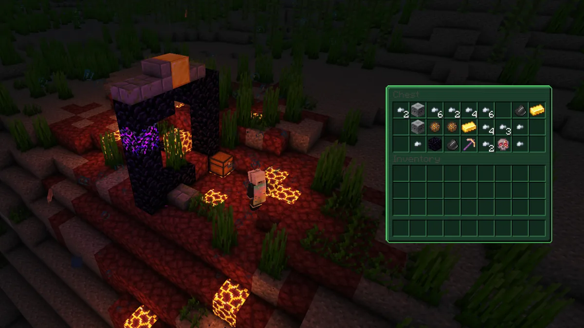 Tótem Maldito del Nether en un cofre dentro de un portal en ruinas